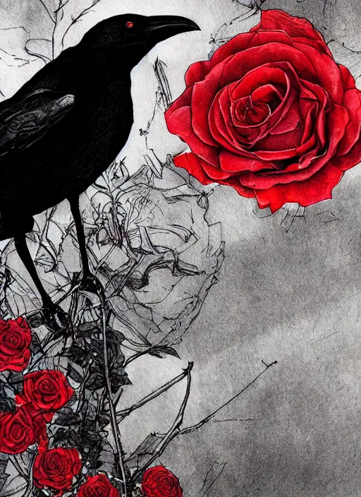 Image similar to portrait, A crow with red eyes in front of the full big moon, book cover, red roses, red white black colors, establishing shot, extremly high detail, foto realistic, cinematic lighting, pen and ink, intricate line drawings, by Yoshitaka Amano, Ruan Jia, Kentaro Miura, Artgerm, post processed, concept art, artstation, matte painting, style by eddie mendoza, raphael lacoste, alex ross