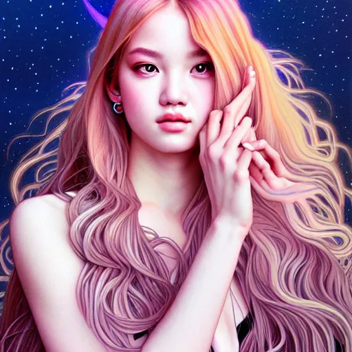 Image similar to portrait of jossi of blackpink, goddess of the moon, highly detailed, digital painting, smooth, sharp focus, illustration, ultra realistic, 8 k, art by artgerm and alphonse mucha