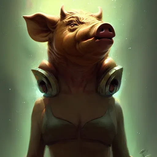 Prompt: cute anthropomorphic boar full as an jedi in a spaceship, body portrait, divine lightning, by greg rutkowski, by charlie bowater