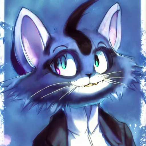 Image similar to a cute bluish black cheshire cat by makoto shinkai