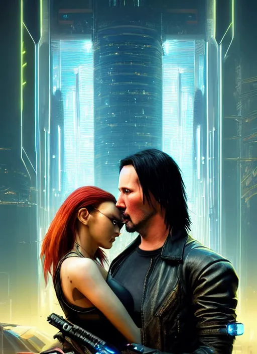 Image similar to a cyberpunk 2077 couple portrait of a Keanu Reeves as johnny silverhand and a female android in final kiss,love,fantasy, intricate, elegant,by Alex Horley,Heather Theurer,aaron horkey,Greg Rutkowski,artstation,deviantart,FAN ART,Digital painting,face enhance,highly detailed,8K,octane,golden ratio,cinematic lighting