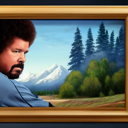 Prompt: a closeup photorealistic photograph of bob ross crafting an image of kenny powers baseball, a depiction on a canvas. mountains and trees. film still. brightly lit scene. this 4 k hd image is trending on artstation, featured on behance, well - rendered, extra crisp, features intricate detail, epic composition and the style of unreal engine.