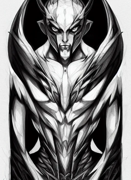 Prompt: symmetry!! concpet art, full shot, traditional ink!, sketch!! of a male demon, line sketch!!, intricate, elegant, highly detailed, monochrome, digital painting, artstation, concept art, sharp focus, illustration, art by borderlands 3