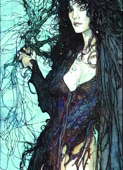 Image similar to realistic detailed painting of young jennifer beals by david mack, yoshitaka amano and rebecca guay and arthur rackham, Neo-Gothic, gothic, rich deep colors