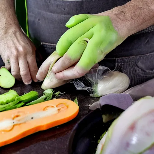 Image similar to a person cutting vegetables while wearing ghostface mask