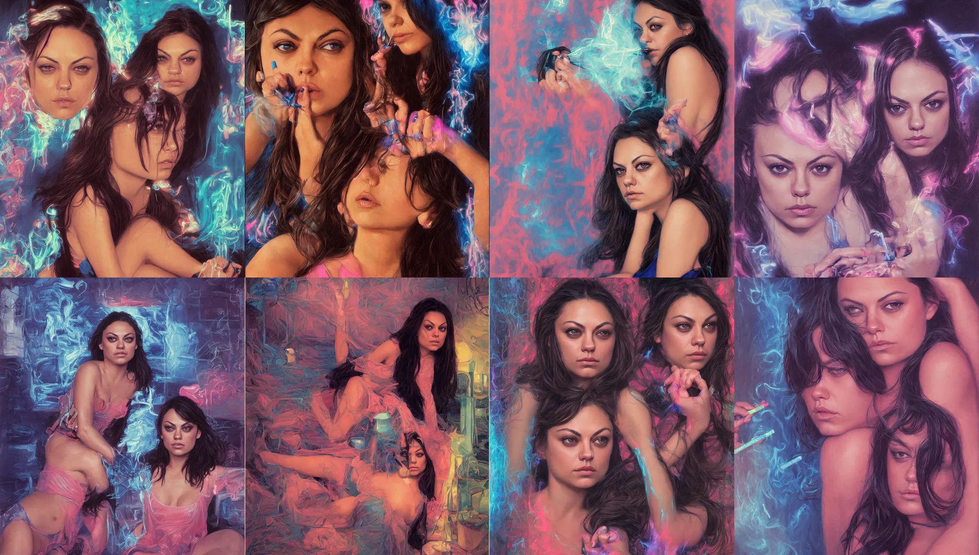 Image similar to portrait mila kunis looking into the camera leaning back against a wall smoking a cigarette, blue and pink neon lit entrance, 1 9 8 0 s, intricate, moody, tasteful, intimate, highly detailed, short focus depth, artgerm, donato giancola, joseph christian leyendecker