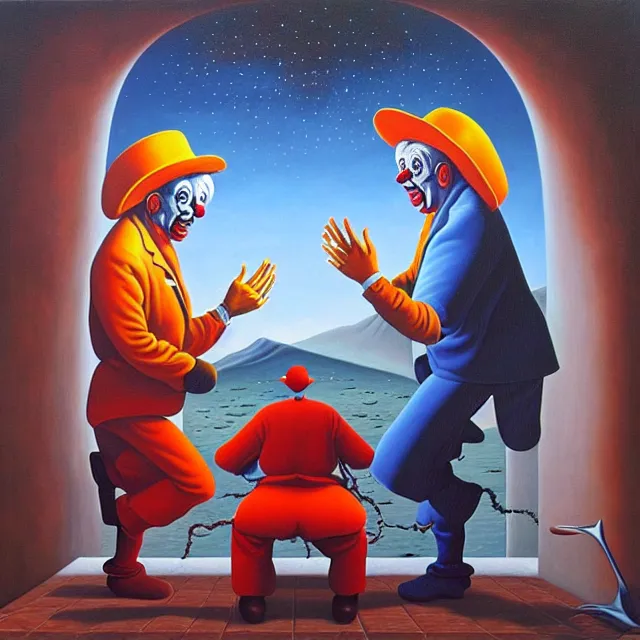 Image similar to an oil on canvas painting of a clowns having an argument over the meaning of life, surrealism, surrealist, cosmic horror, rob gonsalves, high detail