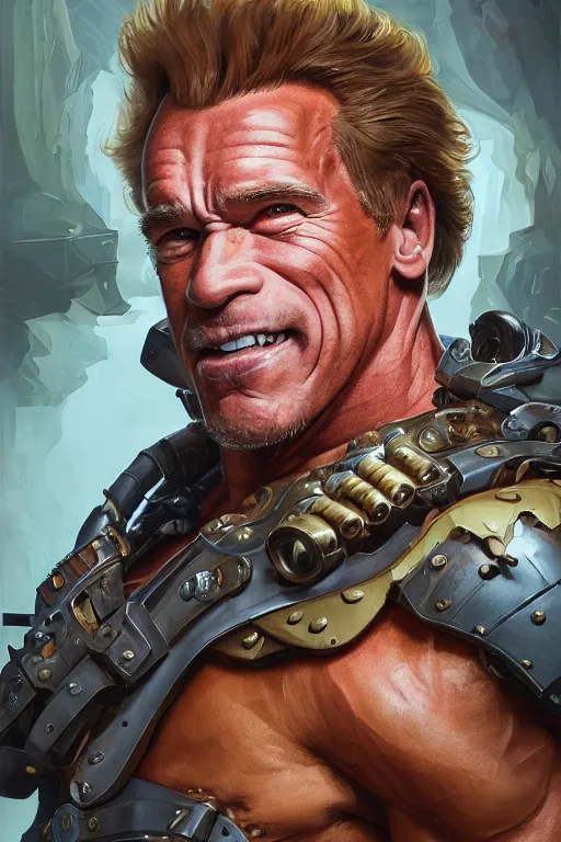 Image similar to portrait of arnold schwarzenegger as junkrat from overwatch, full body, fantasy, intricate, elegant, highly detailed, digital painting, artstation, concept art, sharp focus, illustration, art by artgerm and greg rutkowski and alphonse mucha