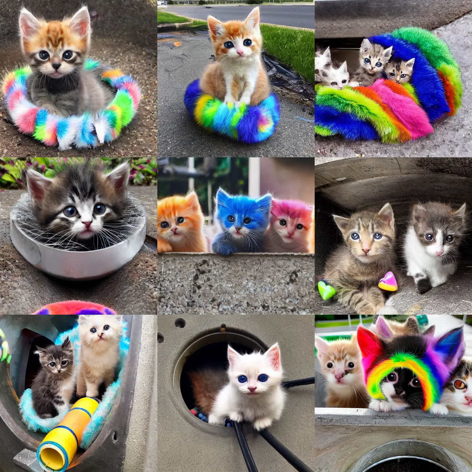 Prompt: several adorable kittens with rainbow fur stuffed in a drain pipe