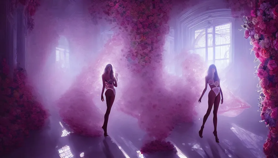 Image similar to victoria secret runway show, light, shadows, reflections, flowers, epic composition, intricate, elegant, volumetric lighting, digital painting, highly detailed, artstation, sharp focus, illustration, concept art, ruan jia, wlop, steve mccurry, artgerm, mina petrovic, timothy kong, marina federovna, artstation, masterpiece, iconic