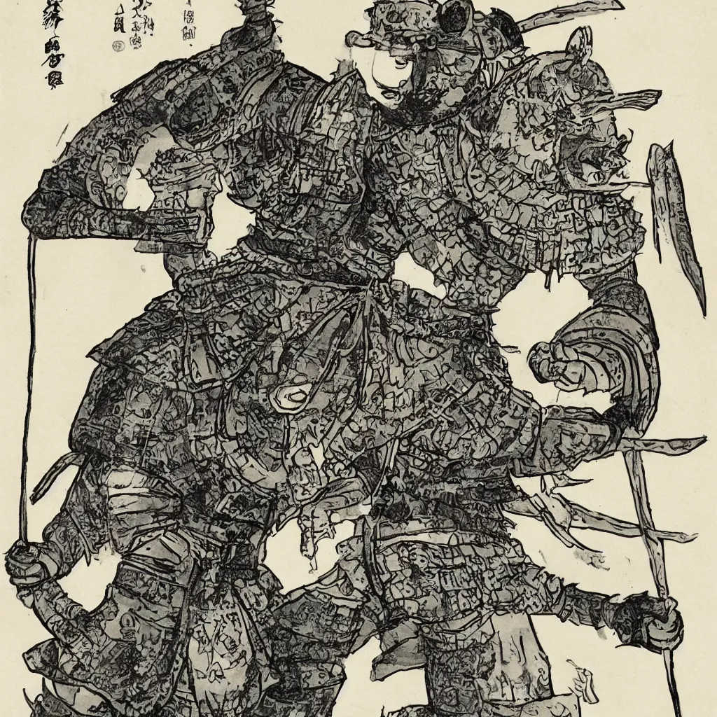 Image similar to a samurai wearing an iron koala mask, full body photo, comic style