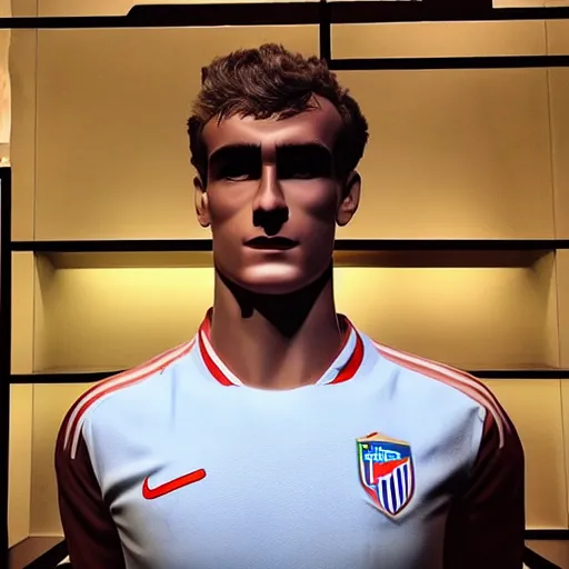 Image similar to “ a realistic detailed photo of a guy who is an attractive humanoid who is half robot and half humanoid, who is a male android, soccer player antoine griezmann, shiny skin, posing like a statue, blank stare, at the museum, on display ”