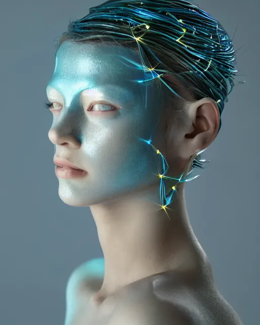 Image similar to natural light, soft focus portrait of an android with soft synthetic blue skin, bioluminescent plastics, smooth shiny metal, elaborate head piece, piercings, skin textures, by annie liebovotz,