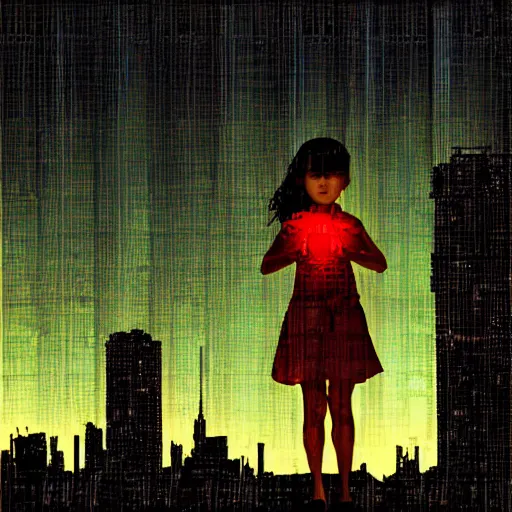 Prompt: digital art cyberpunk cityscape nighttime silhouette of young girl holding balloon in the foreground painted by rembrant