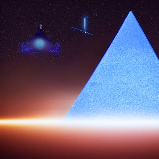 Image similar to big pyramid with blue glow lights and huge spaceship in sky, fog in background, cinematic looking, drama, scary