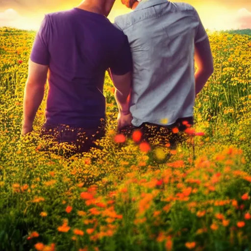 Image similar to a gay couple together in a field of flowers at sunset, realistic, intricate, 4k