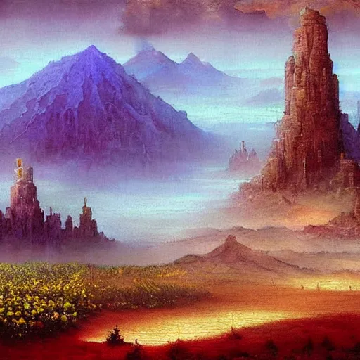 Prompt: a beautiful painting renaissance painting by bob ross and lawlery botticello, panorama, psychedelic painting dark dusty village apparition, by bruce pennington and vincent jusko, watercolor, 2 d game art