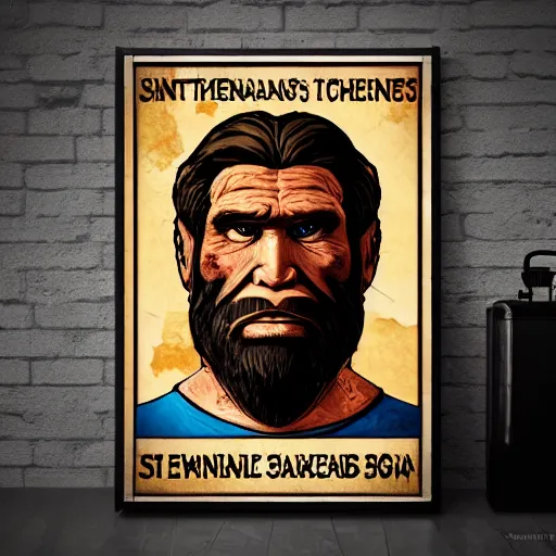 Image similar to saint homo neanderthalis portrait poster with book of science on his right hand, gta chinatown wars art style, bioshock infinite art style, hyperrealistic, two colors, paper border, 4 k, remove duplicate content, justify contents center.