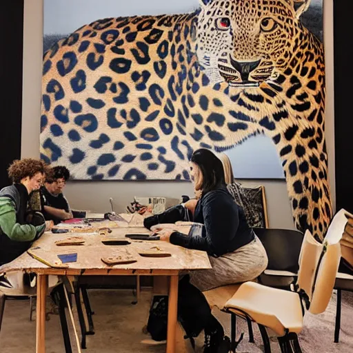 Prompt: A 10ft by 10ft art studio, a leopard is sitting at the table in the middle of the room with an apple on the table, woman his holding a sign, table is centered