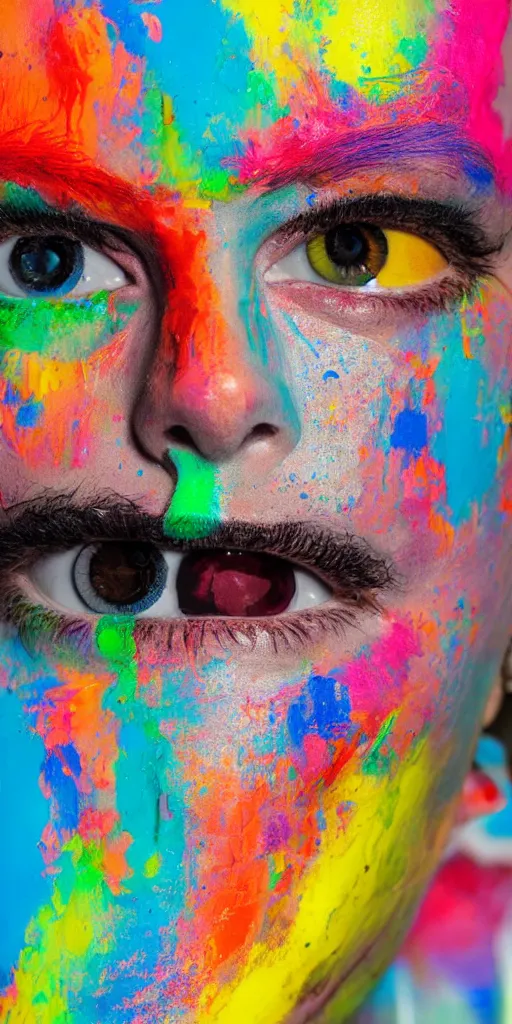 Image similar to thick technicolor paint oozes over the face of robot