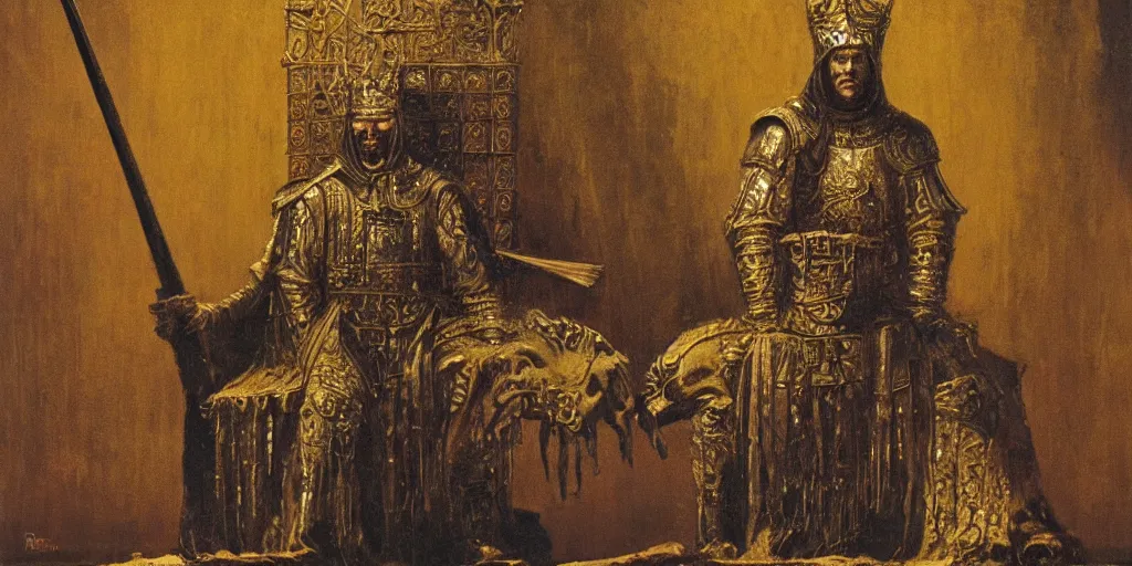 Image similar to a medieval king sitting on a golden throne leaning on a shiny sword in a palace, beksinski painting