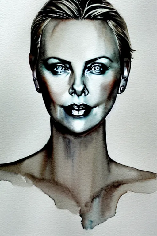 Image similar to charlize theron, grey, colorless and silent, watercolor portrait by ana santos