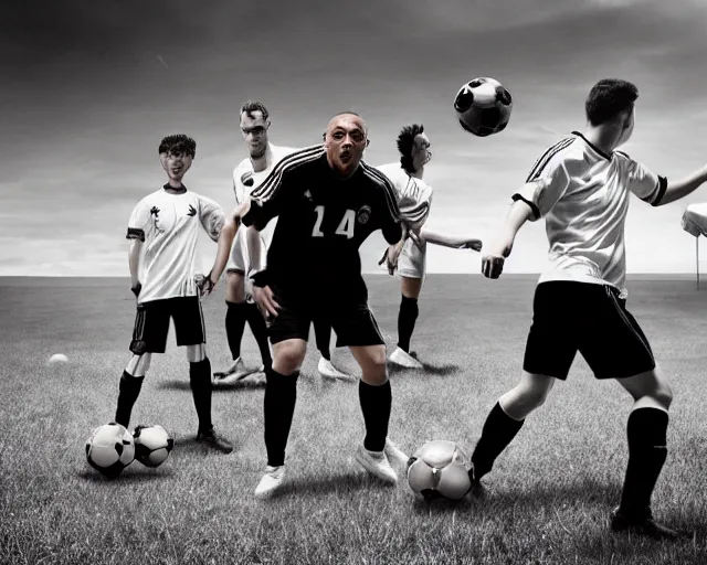 Prompt: incredible absurd surreal closeup photoshoot advertisement for soccer team, people playing soccer in the style of tim walker and by michael bay action movie vsco film grain