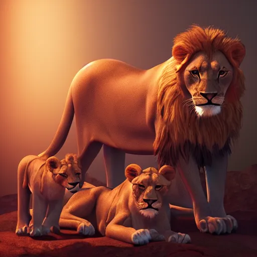 Image similar to A family of lions, illustrated by Maria Panfilova, dappled red lighting, trending on artstation, artstationHQ, artstationHD, artstation 3D render, unreal engine, 4k, 8k