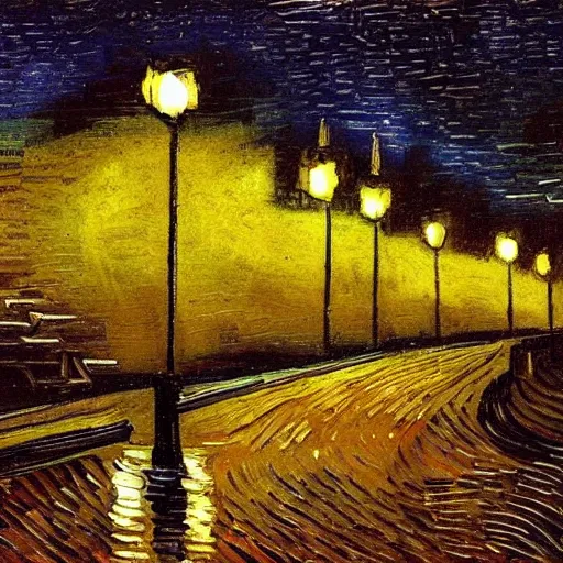 Image similar to light pole at night. nostalgic. bike. empty road. van gogh style. dark colors. high contarst light