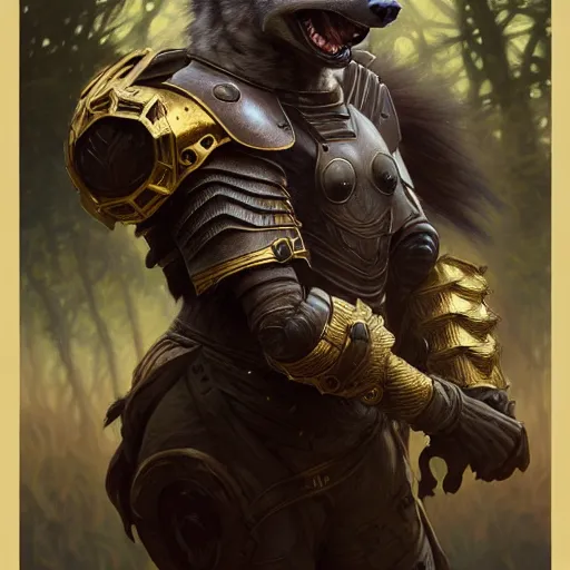 Prompt: photo of a humanoid hyena were a heroic armour an gold helmet in the forest, long hair, highly detailed, digital painting, artstation, smooth, sharp focus, illustration, art by artgerm and greg rutkowski and alphonse mucha