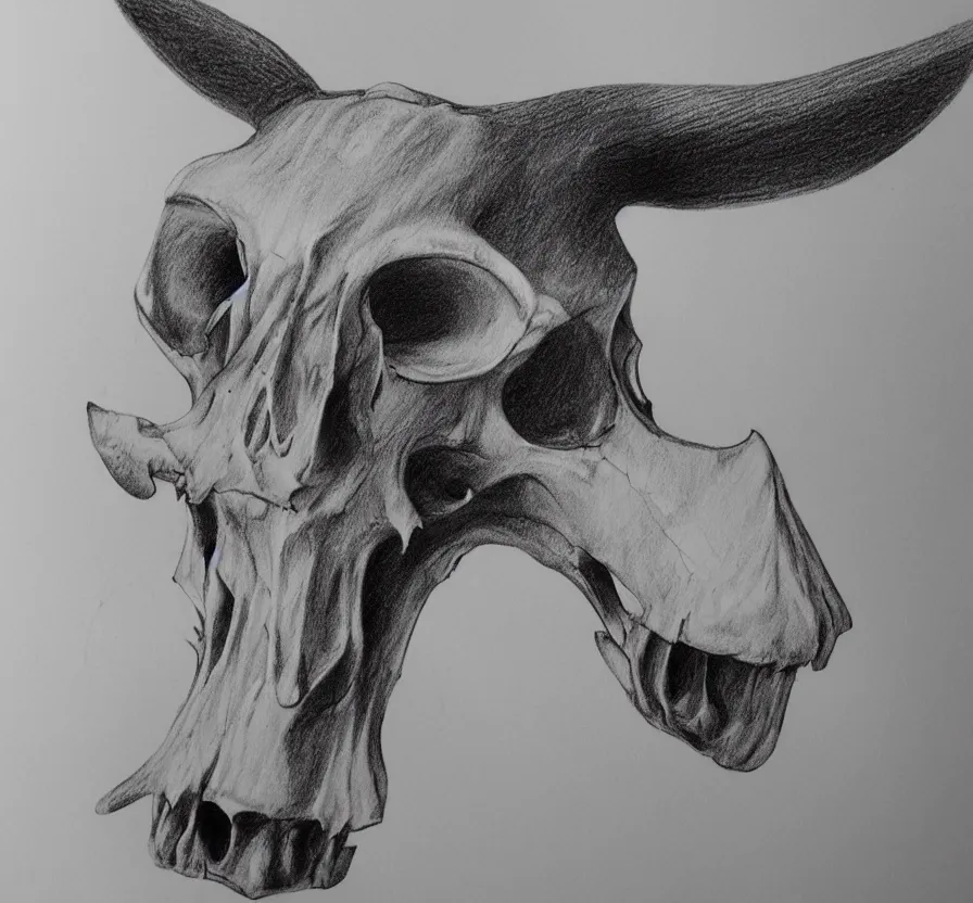 Prompt: cow skull, pencil drawing, pencil, black, sketch, on paper, realistic, detailed, artstation