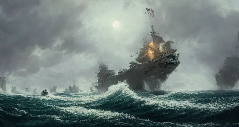 Image similar to giant enormous fierce sailing battleship, raging sea foggy, dramatic, action scene, stormy background, shipfleet on the horizon, high detail, greg rutkowski, james gurney, gene wolfe, gustave dore, jesper ejsing, rhads, makoto shinkai, ilya kuvshinov