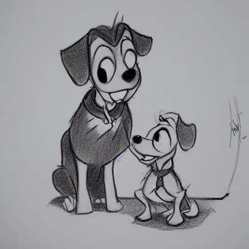 Image similar to milt kahl pencil sketch of happy mini schnauzer cartoon lady and the tramp style