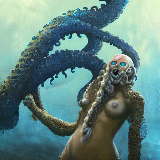 Image similar to tentacle-enabled underwater human descendant, futuristic painting, dagon, hd 8k