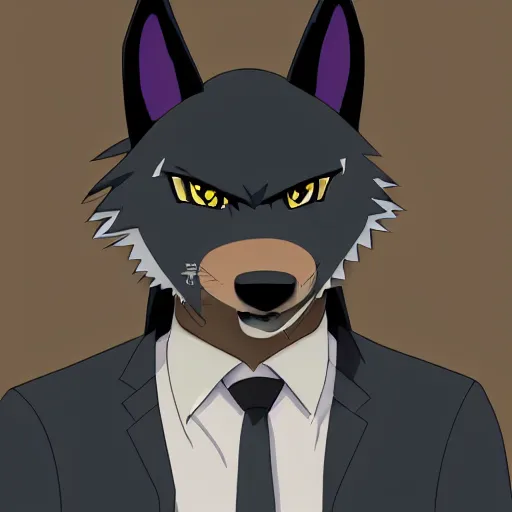 Image similar to key anime visual professional art of a close shot of an anthropomorphic black male wolf anthro furry fursona, wearing a business suit, handsome male eyes, anime office background, official anime still