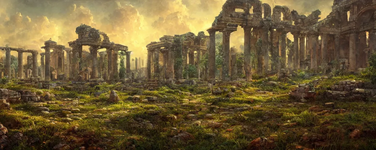 Image similar to ” landscape with overgrown ruins of a roman temple, [ by paul lehr, cinematic, detailed, epic, widescreen, opening, establishing, mattepainting, photorealistic, realistic textures, octane render ] ”