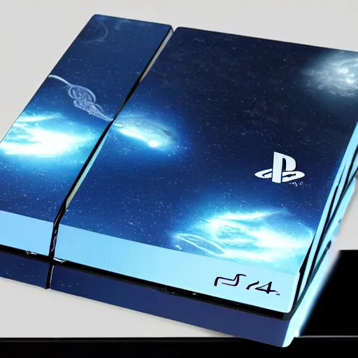 Image similar to a playstation 4 in space wrapped with a ribbon like a present, realistic, detailed, hd photography