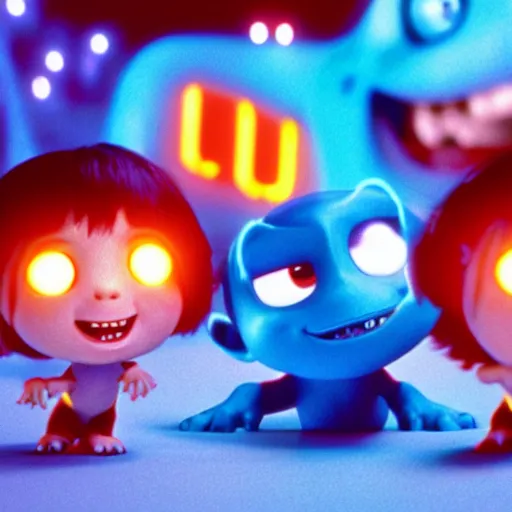 Image similar to cute smiling pixar and chibi style electric blue scaled glowing baby dinosaurs in tron movie, cinestill