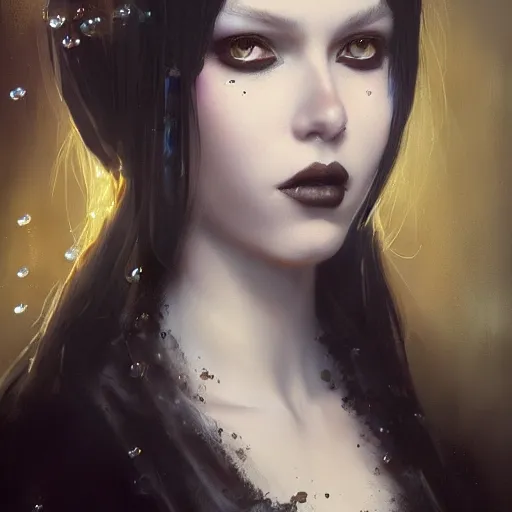 Image similar to a beautiful portrait of kerli koiv with bubble goth makeup, a detailed painting by greg rutkowski and raymond swanland, featured on cgsociety, fantasy art, detailed painting, artstation hd, photorealistic