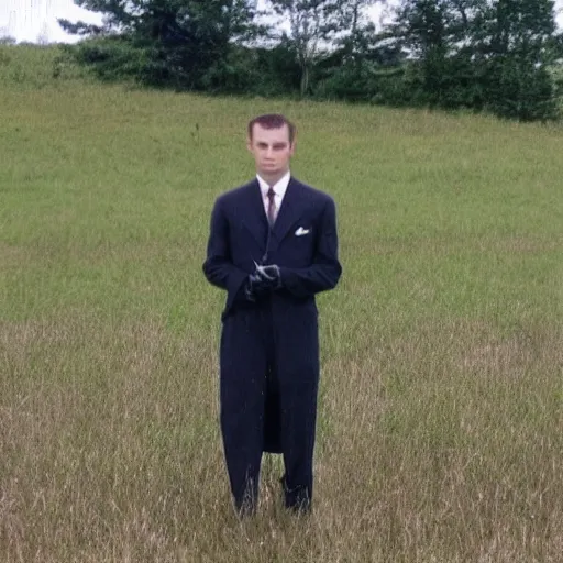 Image similar to An old photo of a sophisticated frog in a nice suit, he is totally lost in a field, hands in pockets