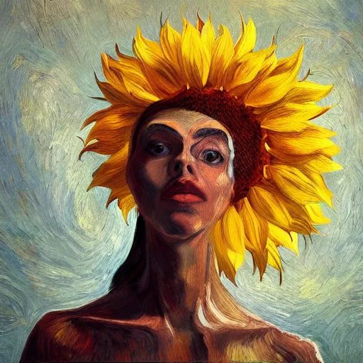 Image similar to giant sunflower head, woman in an apartment, surreal, dramatic light, impressionist painting, digital painting, artstation, van gogh