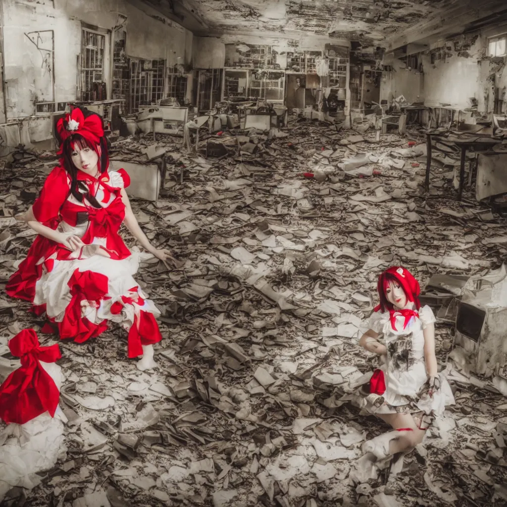 Prompt: rich and atmospheric! Polaroid! photo of a reimu hakurei cosplayer in an abandoned facility