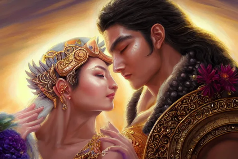 Image similar to close up moment of a divine a sun god and a moon goddess lovers magician at a wedding banquet, highly detailed, d & d, fantasy, highly detailed, digital painting, trending on artstation, concept art, sharp focus, asian feature, illustration, art by artgerm and daniel gerhartz and magali villeneuve