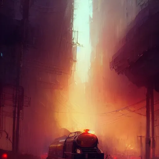 Image similar to a retrofuturistic train driving trough dystopian hellscape, long shot, lumnious, magical, atmospheric, urban concept art, backlighting, by greg rutkowski *, martin mottet, maya takamura, and william turner