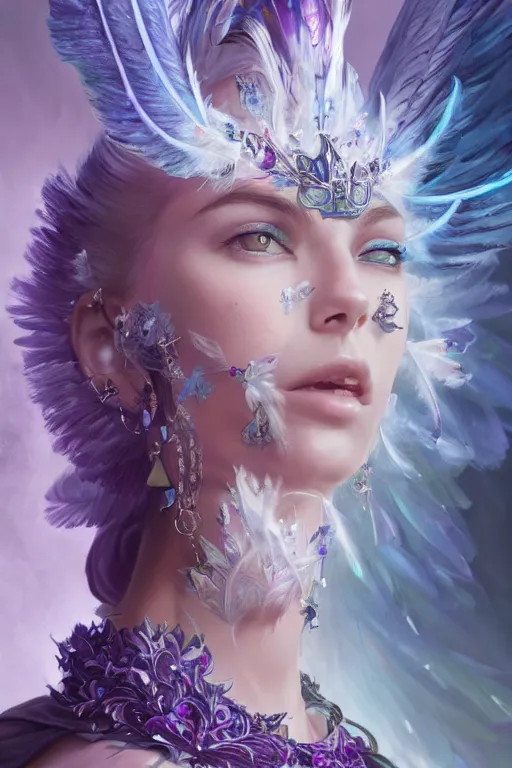 Prompt: beautiful model wearing crystal white feather, sorcerer in purple ornate,, diamonds, angel, fantasy, dramatic lighting, highly detailed, digital painting, holding electricity, magic the gathering, hyper detailed, 3 d render, hyper realistic detailed portrait, peter mohrbacher, wlop, ruan jia