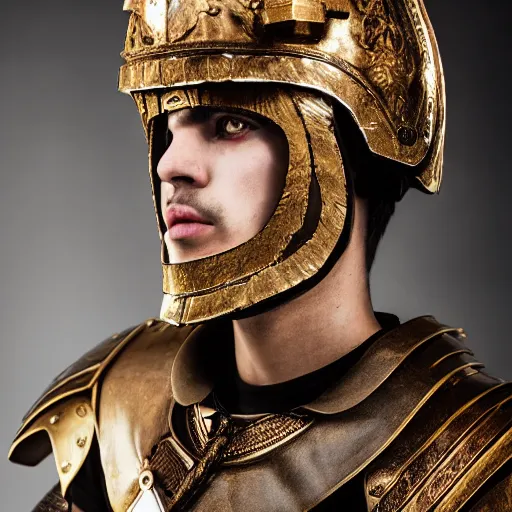 Image similar to a portrait of a beautiful young greek male wearing an alexander mcqueen armor , photographed by andrew thomas huang, artistic