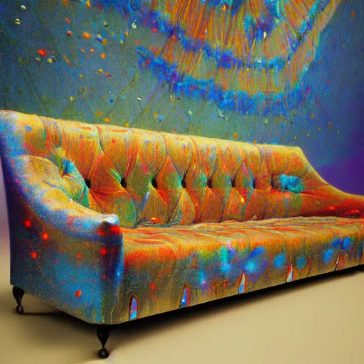 Image similar to psychedelic couch sofa costa blanca, designed by arnold bocklin, jules bastien - lepage, tarsila do amaral, wayne barlowe and gustave baumann, cheval michael, trending on artstation, mediterranean, star, sharp focus, colorful refracted sparkles and lines, soft light, 8 k 4 k