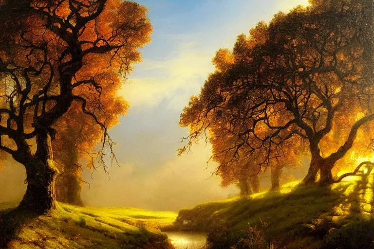 Image similar to masterpiece painting of oak trees on a hillside overlooking a creek, dramatic lighting, by mariusz lewandowski