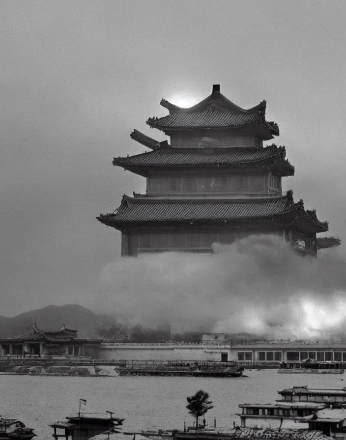 Image similar to a filmstill of a north korean monster movie, kaiju - eiga monster starfish - like trampling a traditional korean palace, foggy, film noir, epic battle, etheral, explosions, communist propaganda, communist epic thriller, by akira kurosawa and wes anderson video compression