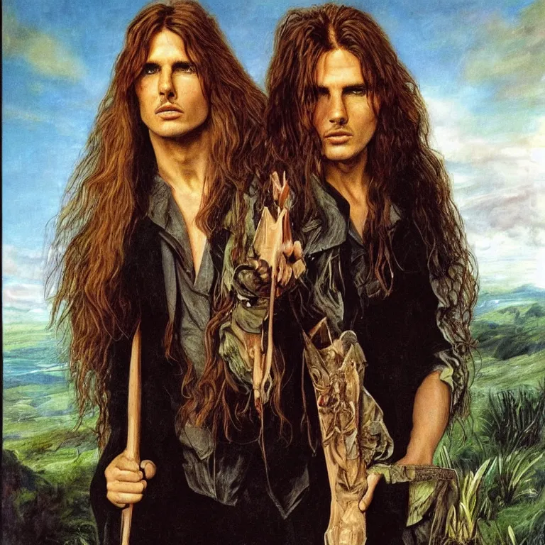 Image similar to Pre-Raphaelite portrait of Tom Cruise as the leader of a cult 1980s heavy metal band, with very long blond hair and grey eyes